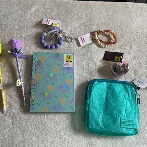 NWT Girls Bundle Notebook Pens Hair Ties Keychain Bracelets Bag